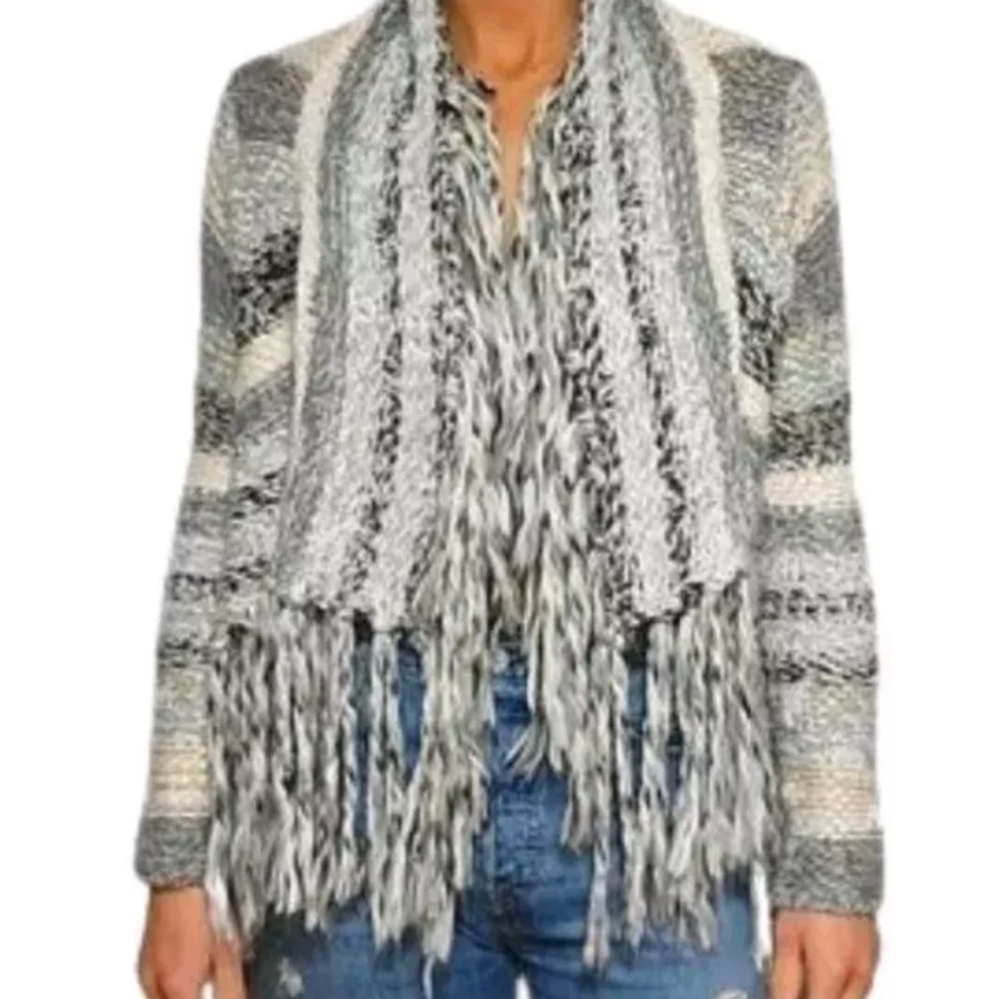 Bethany Mota Fairy Boho Fringed Cardigan Sweater Woman Med Grey Chunky Knit